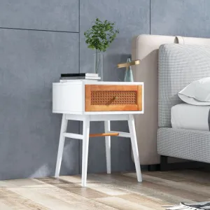 1-Drawer Modern Bedside Table with Solid Wood Legs-White