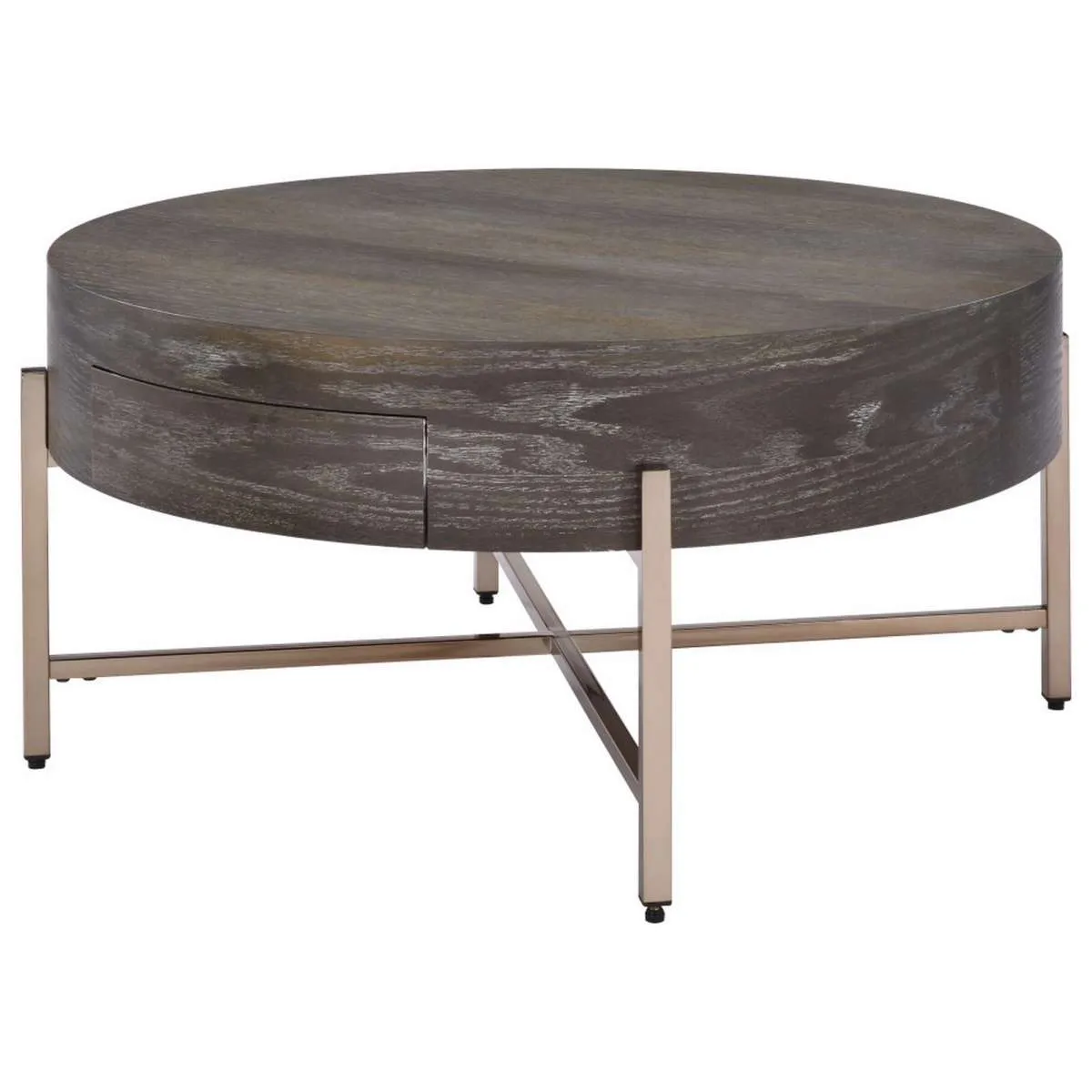 1 Drawer Round Modern Coffee Table With Crossed Metal Legs, Brown And Gold By Benzara