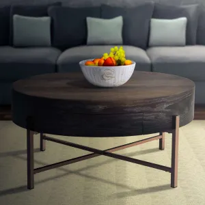 1 Drawer Round Modern Coffee Table With Crossed Metal Legs, Brown And Gold By Benzara