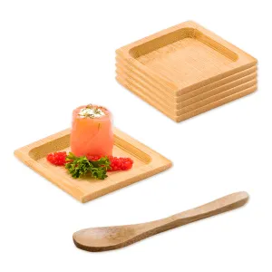 100 Square Natural 2.5" Bamboo Carved Plates and 100 Natural Bamboo 3.5" Mini Spoons