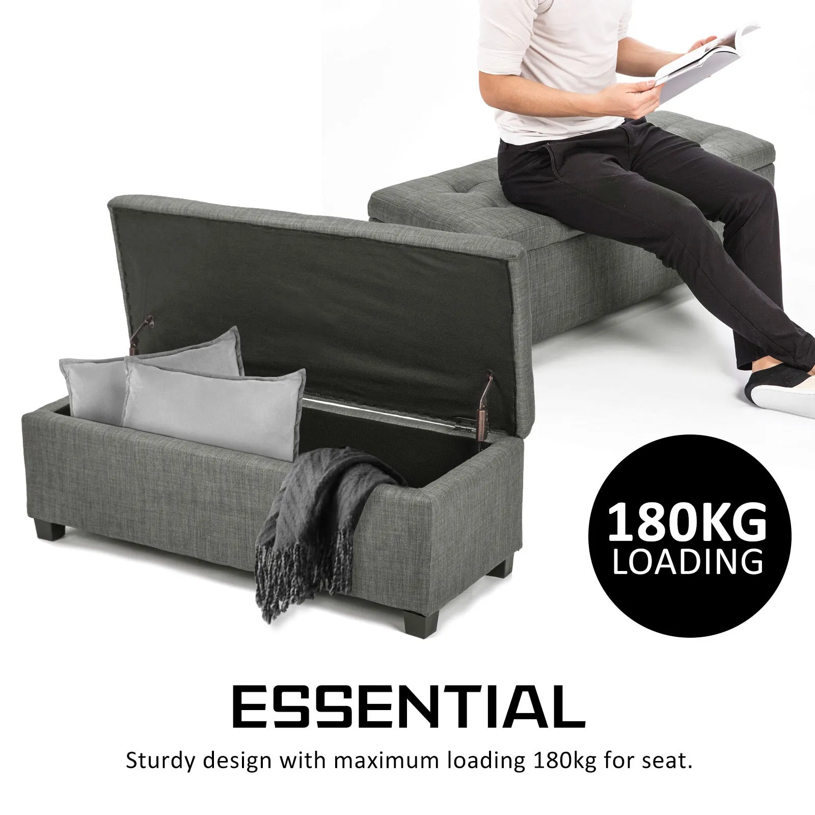 102cm Storage Ottoman Stool Fabric - Dark Grey