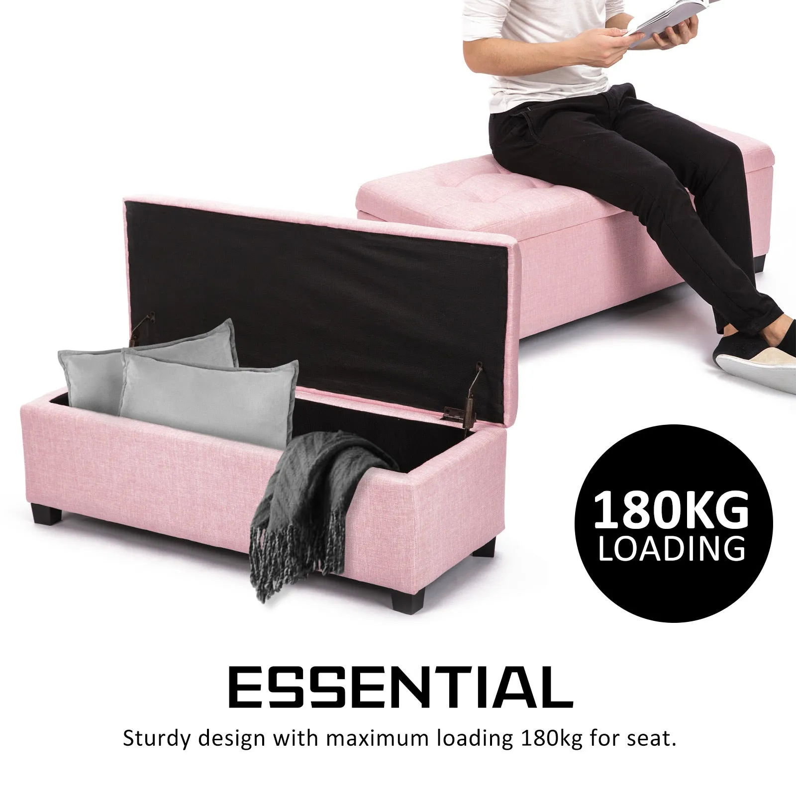 102cm Storage Ottoman Stool Fabric - Pink