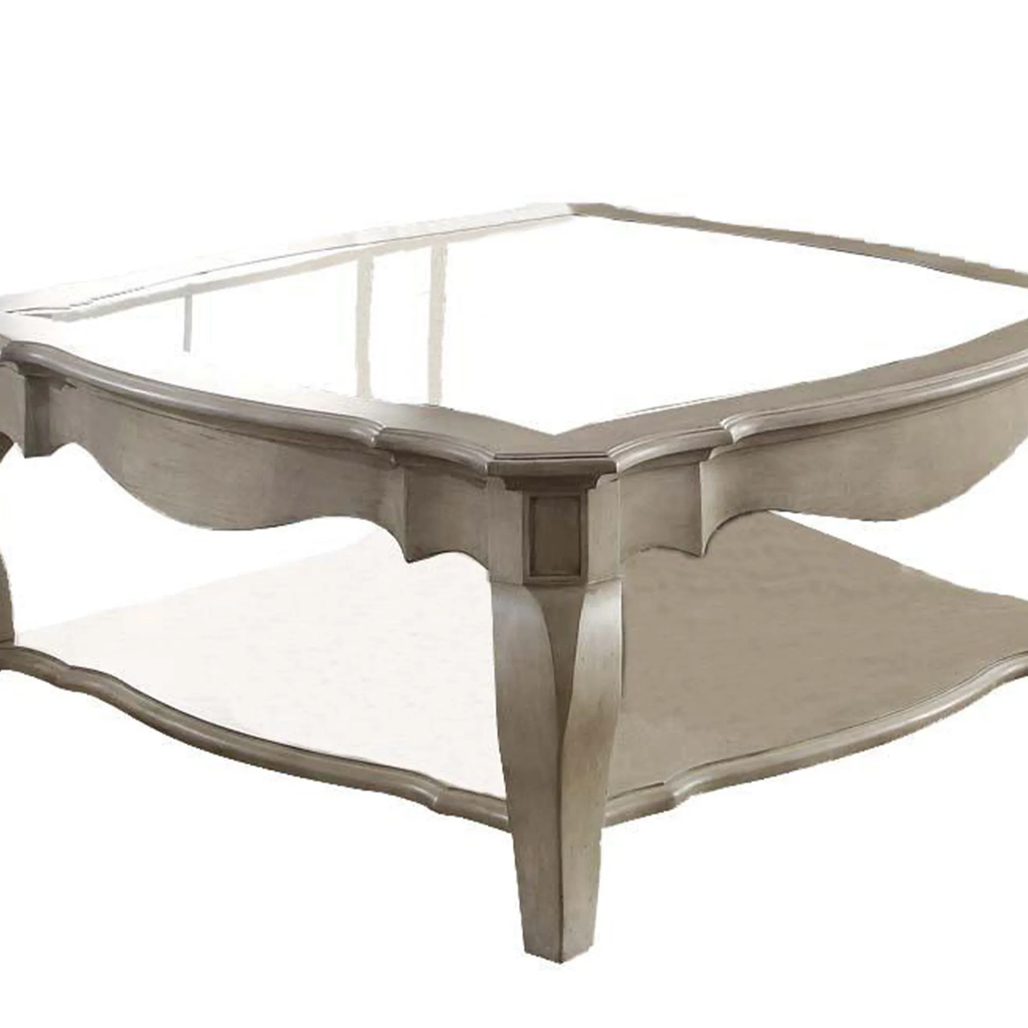 18 Inch Glass Top Wooden Coffee Table, Antique Taupe  By Benzara