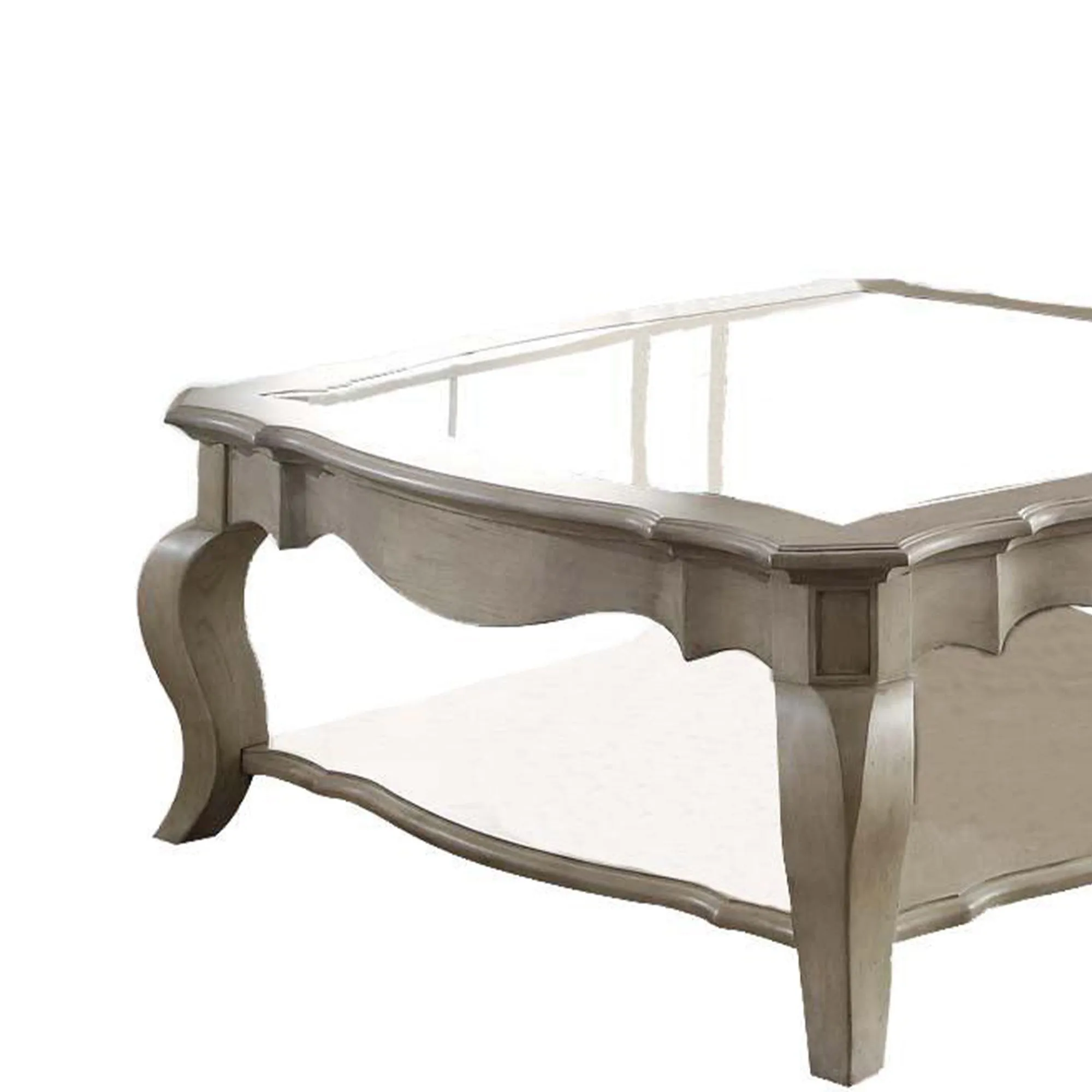 18 Inch Glass Top Wooden Coffee Table, Antique Taupe  By Benzara