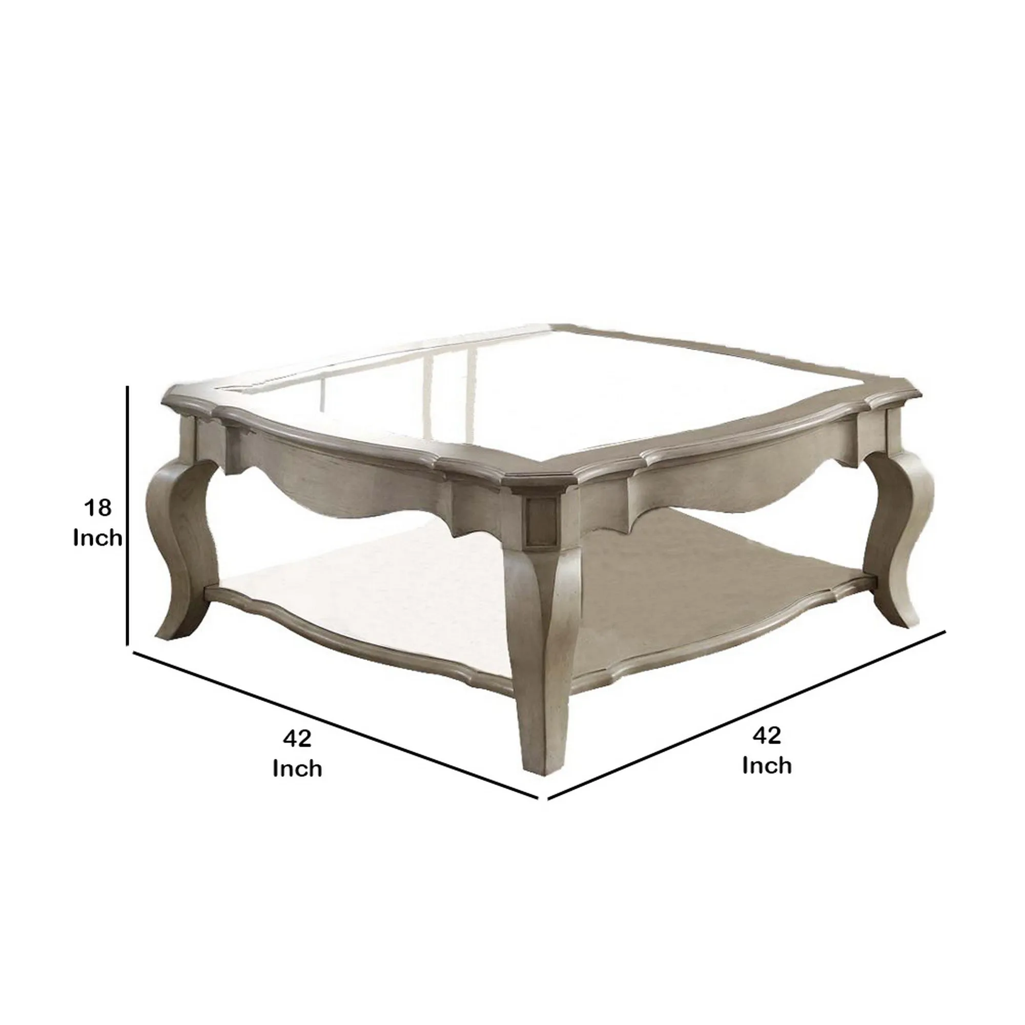 18 Inch Glass Top Wooden Coffee Table, Antique Taupe  By Benzara