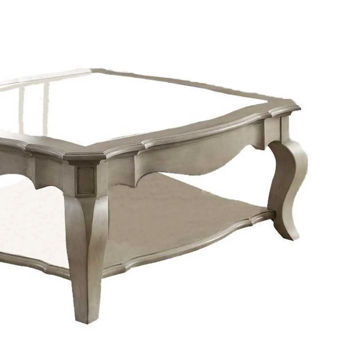 18 Inch Glass Top Wooden Coffee Table, Antique Taupe  By Benzara