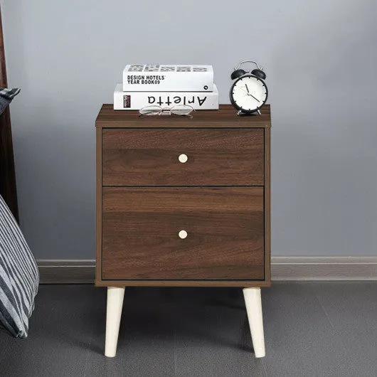 2-Drawer Nightstand Beside End Side Table with Rubber Legs-Brown