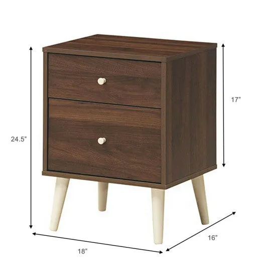 2-Drawer Nightstand Beside End Side Table with Rubber Legs-Brown