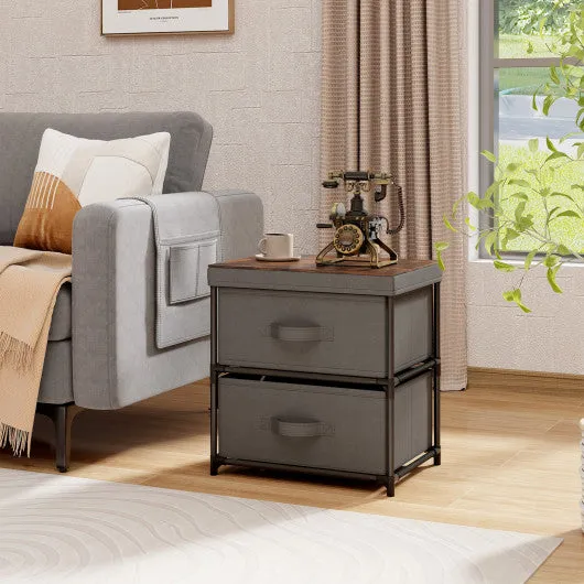 2-Drawer Nightstand with Removable Fabric Bins and Pull Handles-Gray