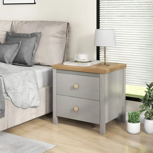 2-Drawer Nightstand with Rubber Wood Legs-Gray