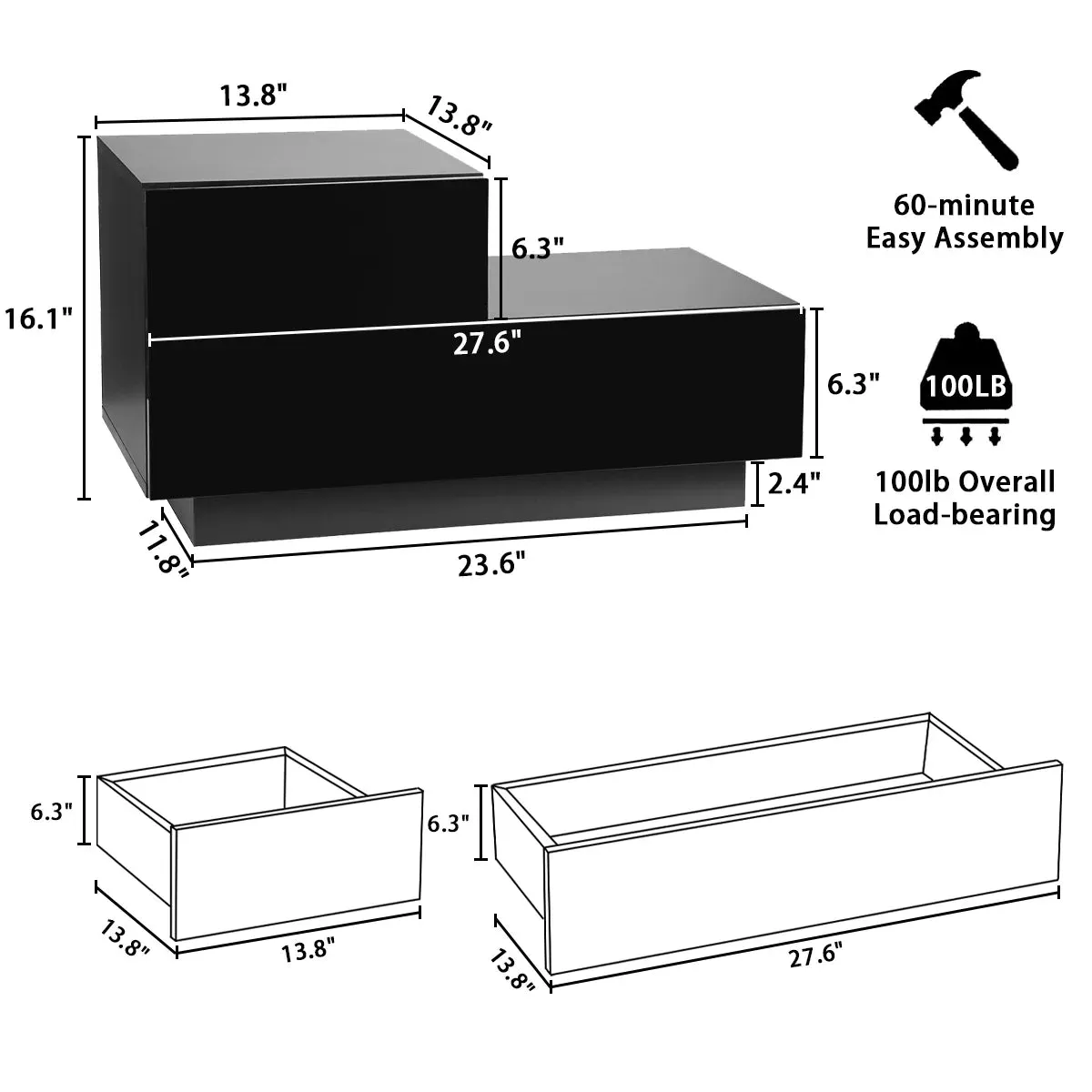 2 Drawers Nightstand W/RGB 20 LED Light Mode