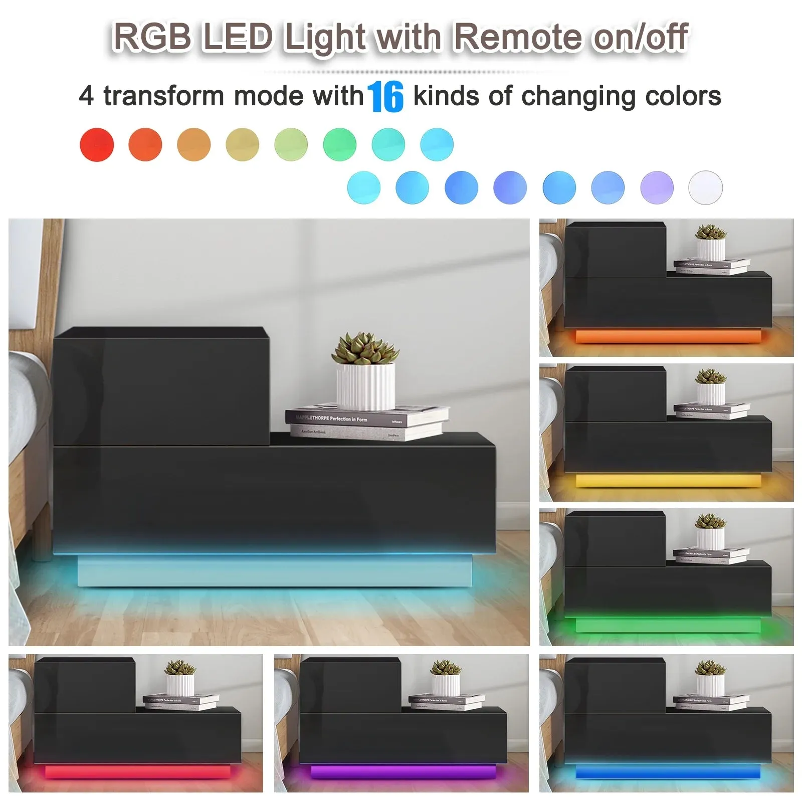 2 Drawers Nightstand W/RGB 20 LED Light Mode