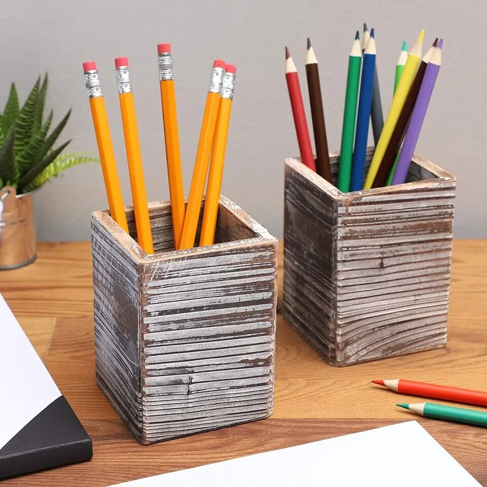 2 Pack Paper Junkie Rustic Wood Pencil Holder for desktop & home, 3"x 3"x 4"