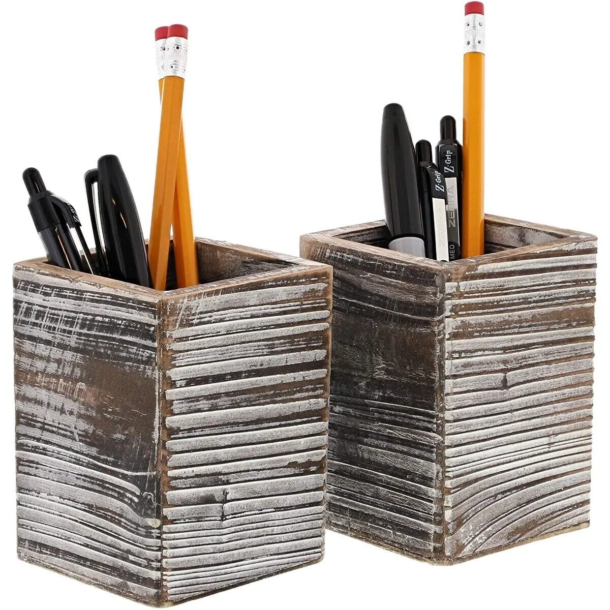 2 Pack Paper Junkie Rustic Wood Pencil Holder for desktop & home, 3"x 3"x 4"