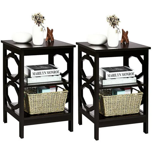 2 Pieces 3-tier Nightstand Sofa Side End Accent Table Storage Display Shelf-Black