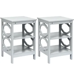 2 Pieces 3-tier Nightstand Sofa Side End Accent Table Storage Display Shelf-Gray