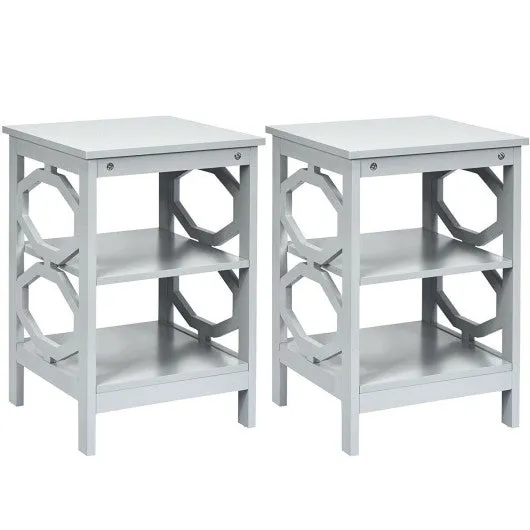 2 Pieces 3-tier Nightstand Sofa Side End Accent Table Storage Display Shelf-Gray