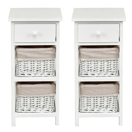 2 Pieces Bedroom Bedside End Table with Drawer Baskets-White