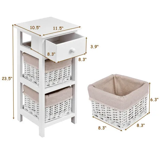 2 Pieces Bedroom Bedside End Table with Drawer Baskets-White