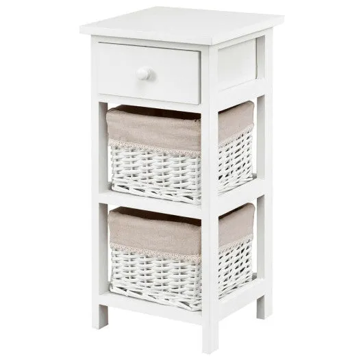 2 Pieces Bedroom Bedside End Table with Drawer Baskets-White