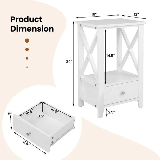 2-Tier 16 x 14 Inch Multifunctional Nightstand with Storage Drawer-White