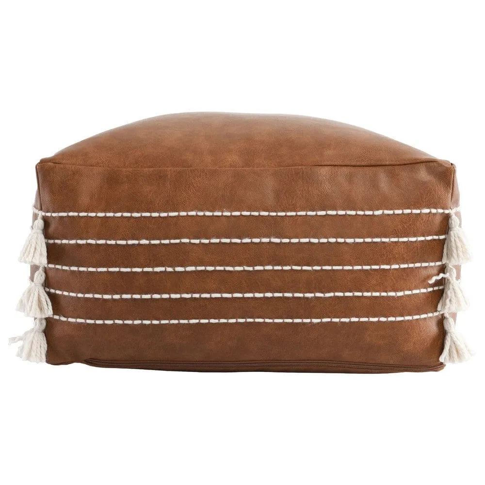 24 Inch Square Vegan Faux Leather Pouf, Yarn Embroidery, Tassels, Brown By Casagear Home