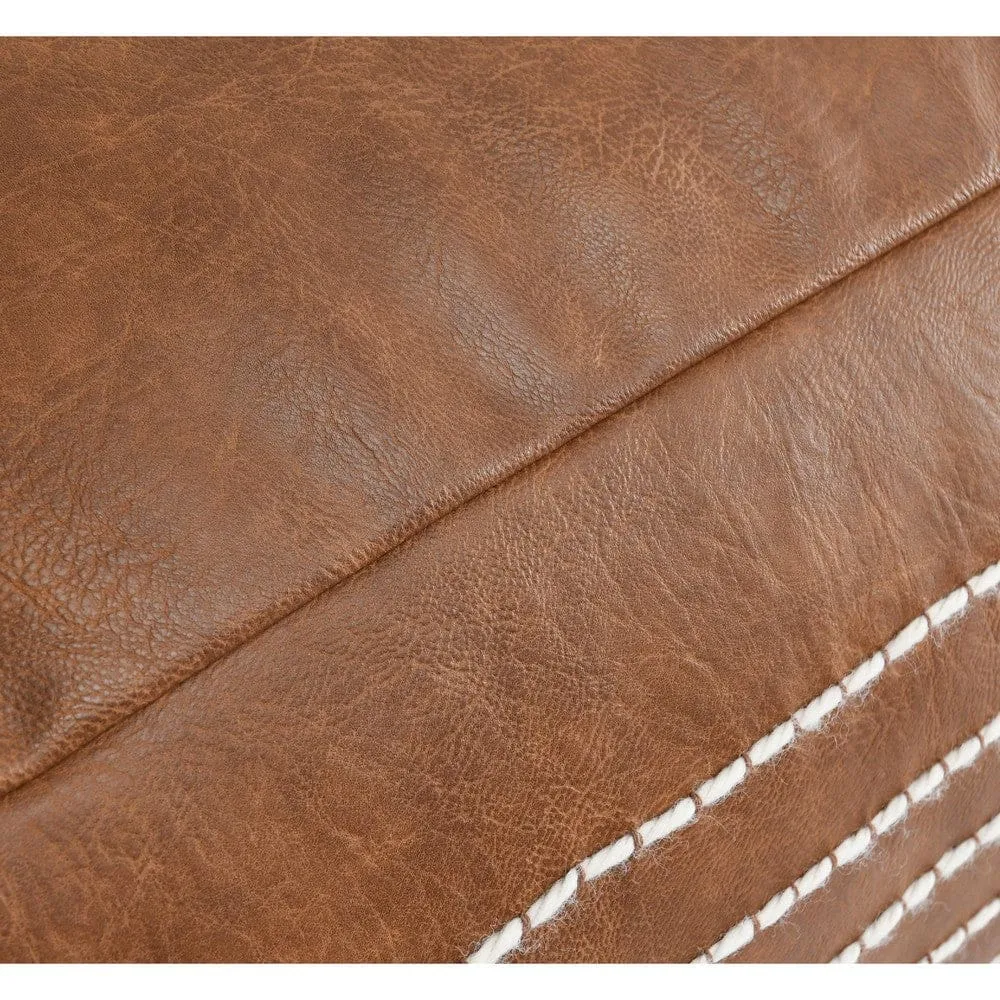 24 Inch Square Vegan Faux Leather Pouf, Yarn Embroidery, Tassels, Brown By Casagear Home