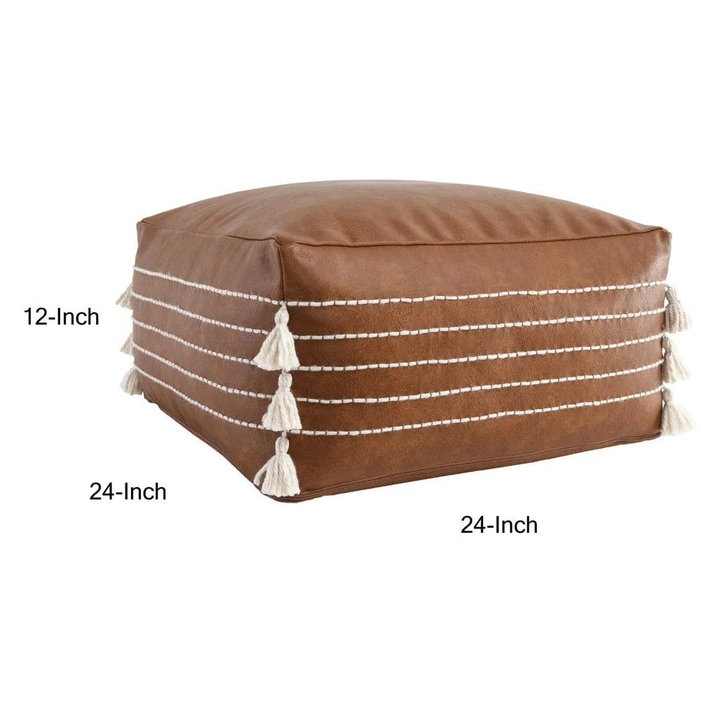 24 Inch Square Vegan Faux Leather Pouf, Yarn Embroidery, Tassels, Brown By Casagear Home