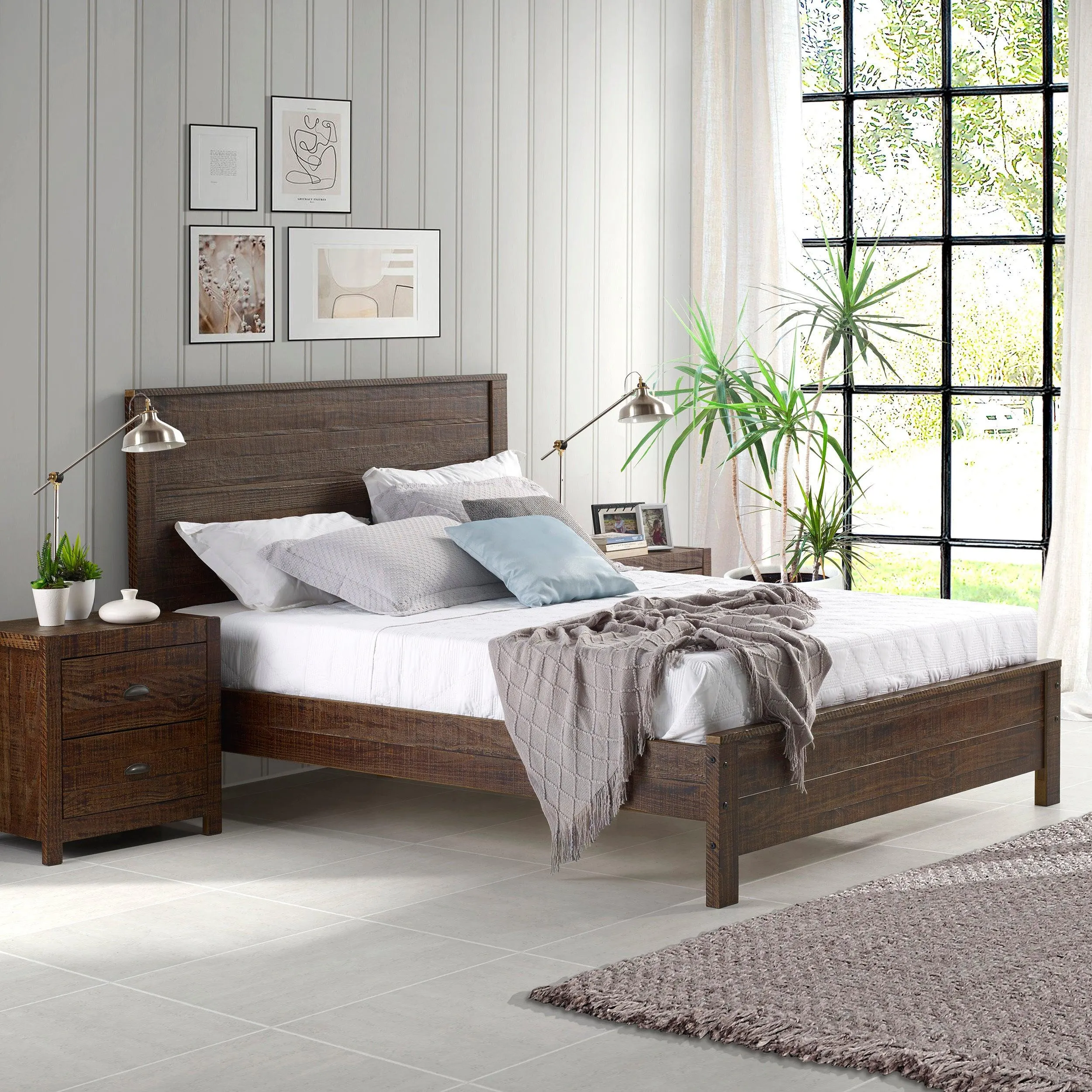 Albany Solid Wood Twin Bed Frame with Headboard, Heavy Duty Modern Rustic, Box Spring Needed