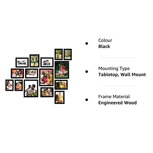 Amazon Brand - Solimo Collage Photo Frames, Set of 15 (4pcs - 4x6 inch, 8pcs - 5x7 inch, 3pcs - 8x10 inch), Black