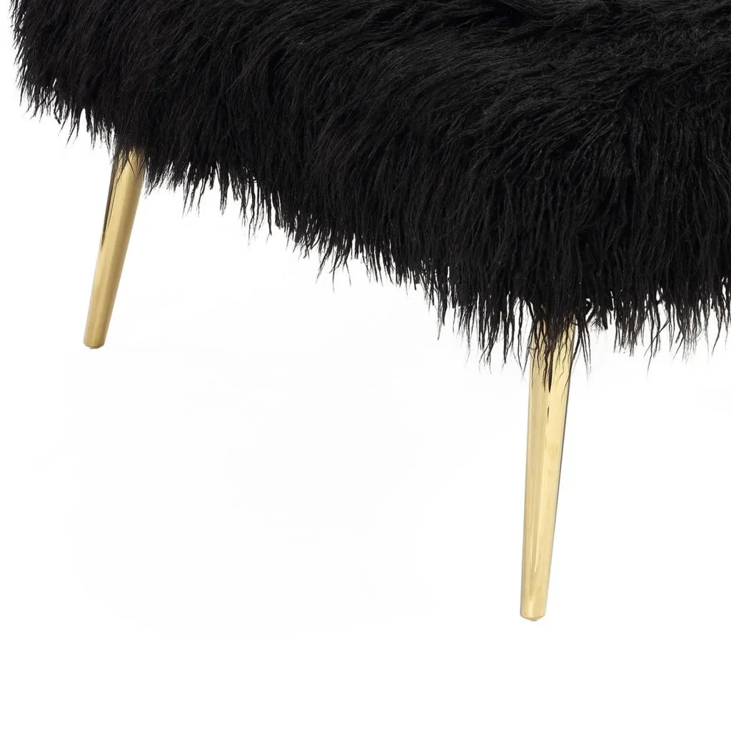 Ammy 36 Inch Ottoman, Black Faux Fur Square Padded Seat, Gold Metal Finish By Casagear Home