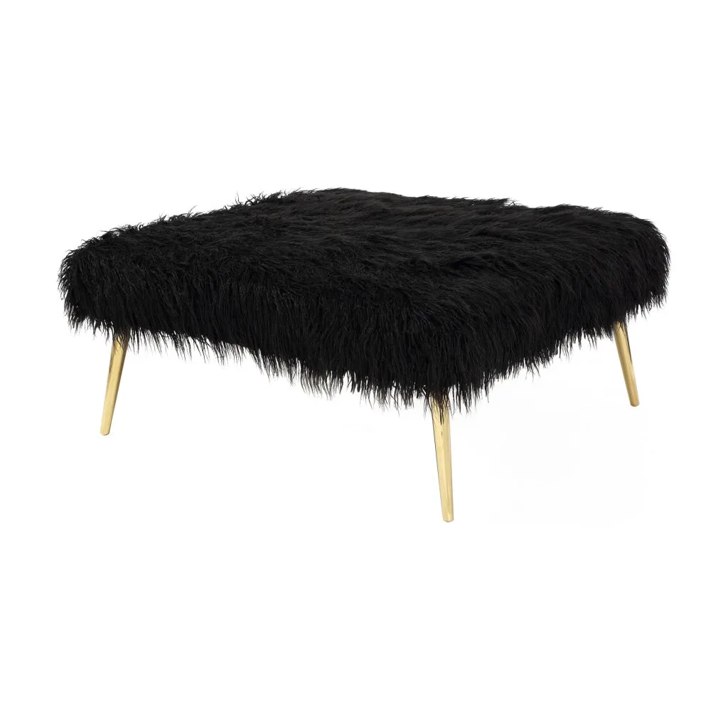 Ammy 36 Inch Ottoman, Black Faux Fur Square Padded Seat, Gold Metal Finish By Casagear Home