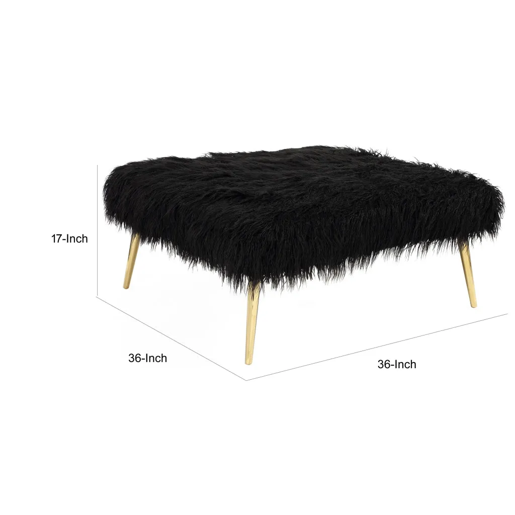 Ammy 36 Inch Ottoman, Black Faux Fur Square Padded Seat, Gold Metal Finish By Casagear Home