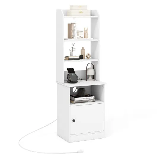 Bedside Tables Tall Nightstands with 5 Open Shelf and Cabinet-White