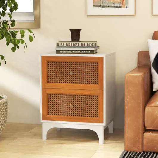 Boho Accent Table Nightstand with 2 Handwoven Rattan Decorated Drawers-White