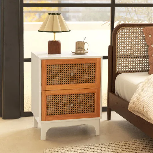 Boho Accent Table Nightstand with 2 Handwoven Rattan Decorated Drawers-White