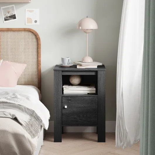 Compact Floor Farmhouse Nightstand with Open Shelf and Cabinet-Dark Gray