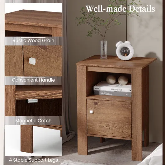 Compact Floor Farmhouse Nightstand with Open Shelf and Cabinet-Rustic Brown