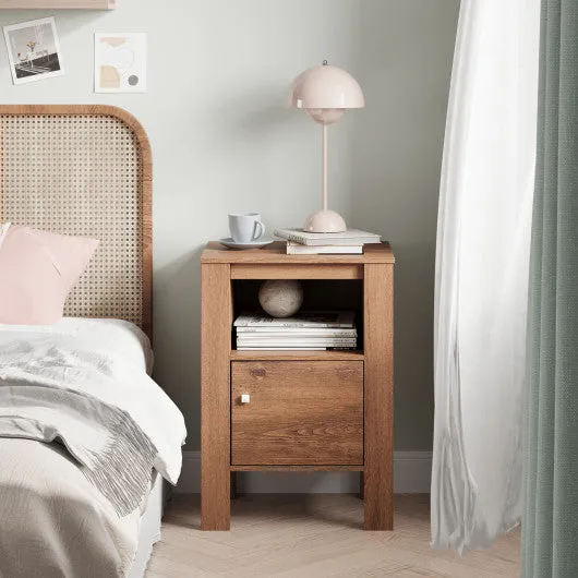 Compact Floor Farmhouse Nightstand with Open Shelf and Cabinet-Rustic Brown