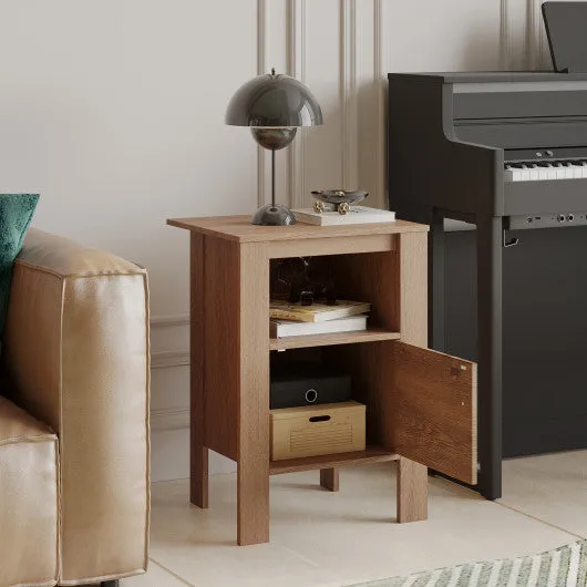 Compact Floor Farmhouse Nightstand with Open Shelf and Cabinet-Rustic Brown