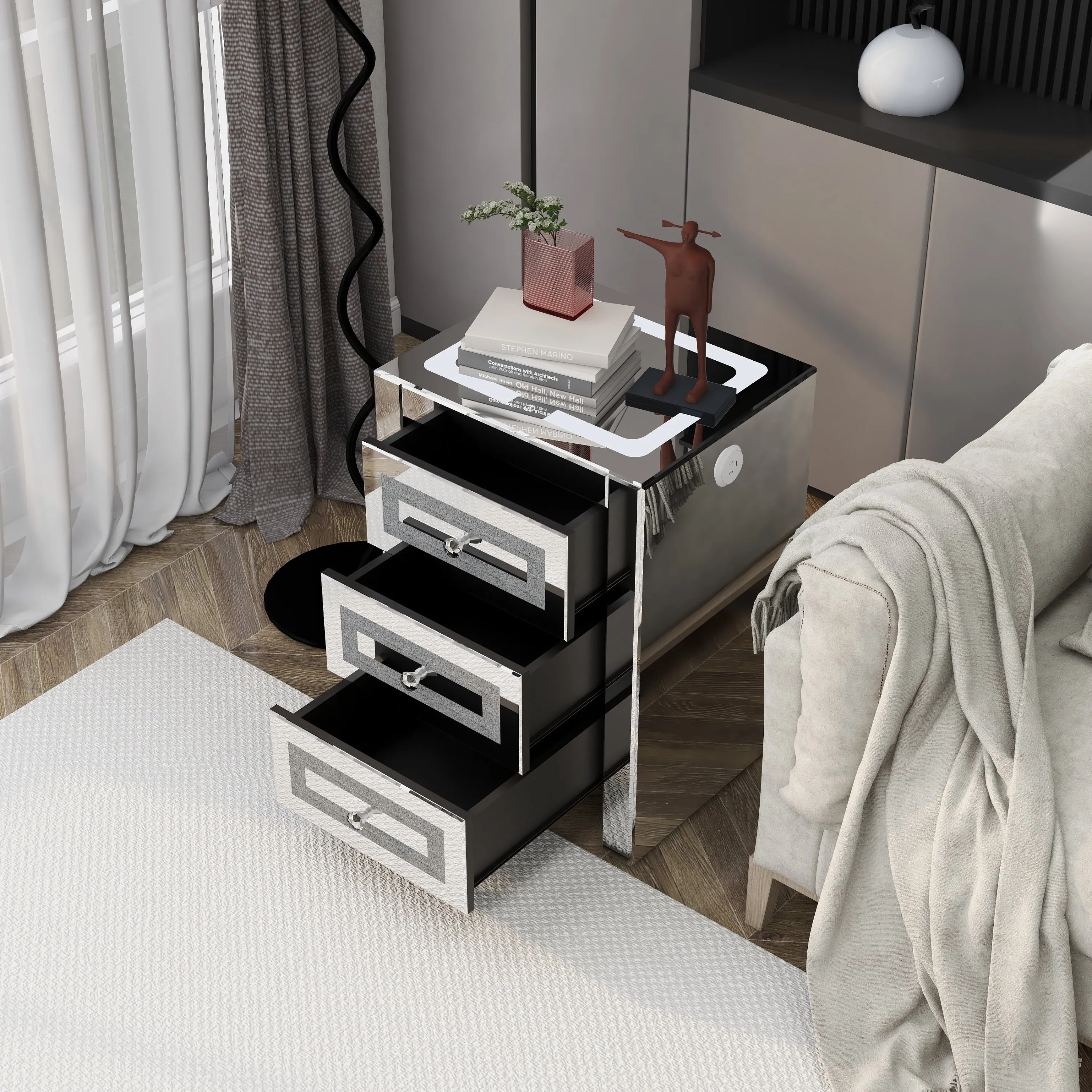 Dax II Nightstand with Wireless Charging and Charging Ports - Silver