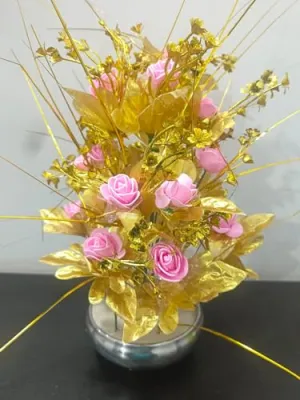 DN Enterprises Artificial Flowers with Pot for Decoration for Table top, Home Decor, Office Decor, Rose Flower Pot 40cm Height (Gold Pink)