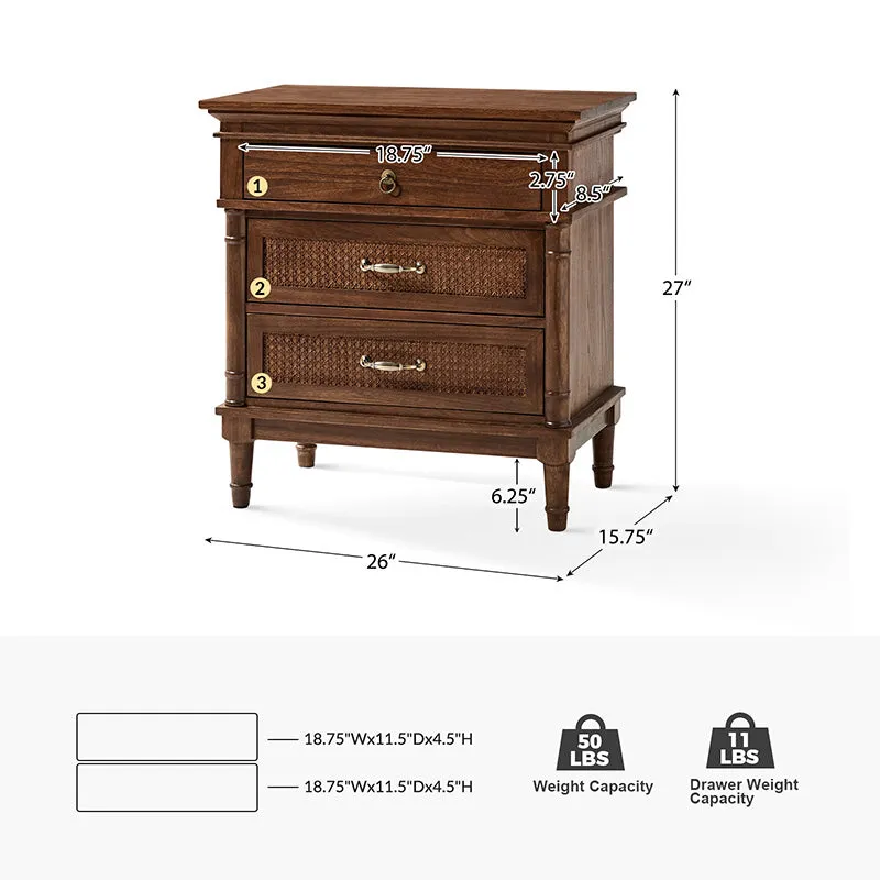 Emilio 3-Drawer Solid Wood Nightstand with USB Charging Port