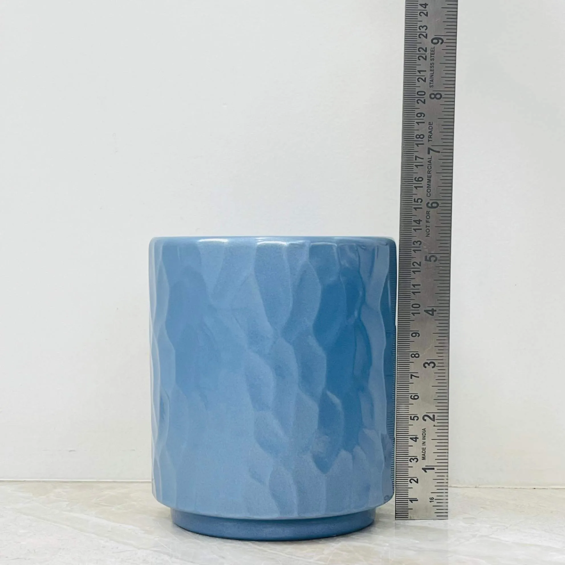 Glossy Blue Textured Ceramic Planter