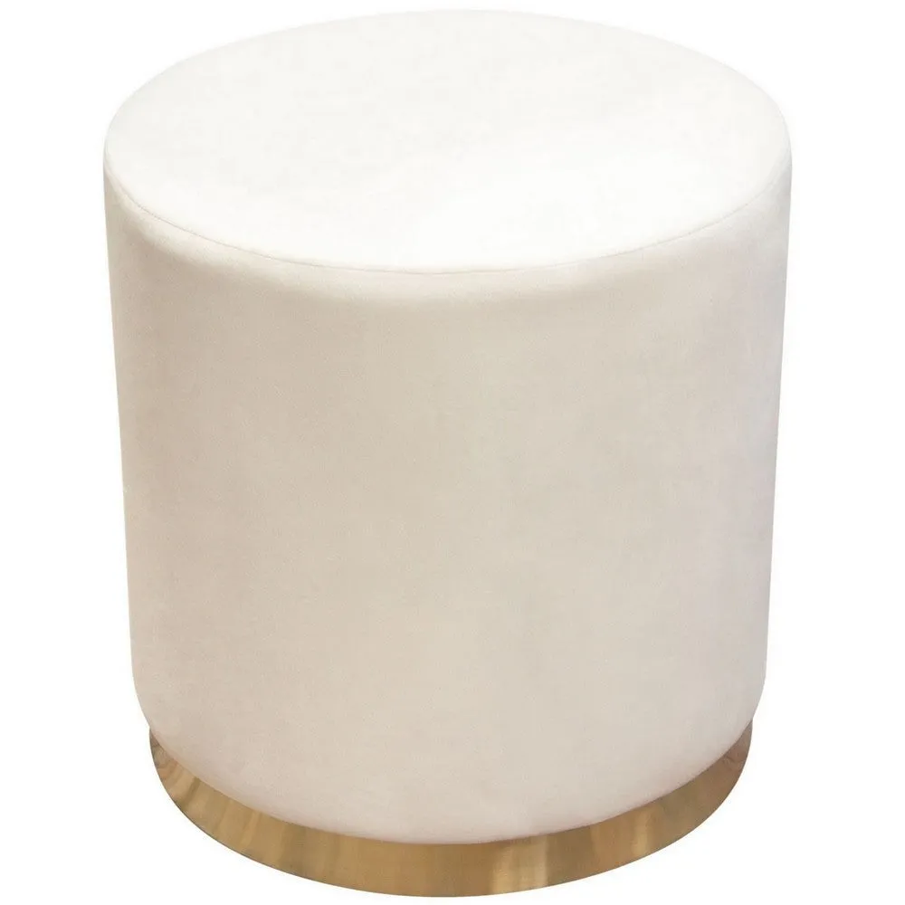 Himo 19 Inch Round Padded Ottoman, Gold Metal Base, Cream Velvet Upholstery By Casagear Home