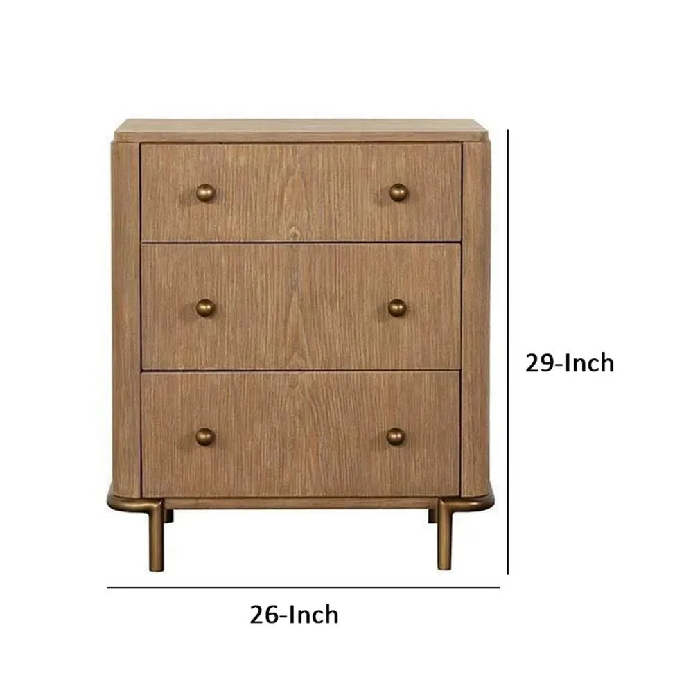 Hiz 29 Inch 3 Drawer Nightstand with Dual USB Ports, Brass Legs, Brown By Casagear Home