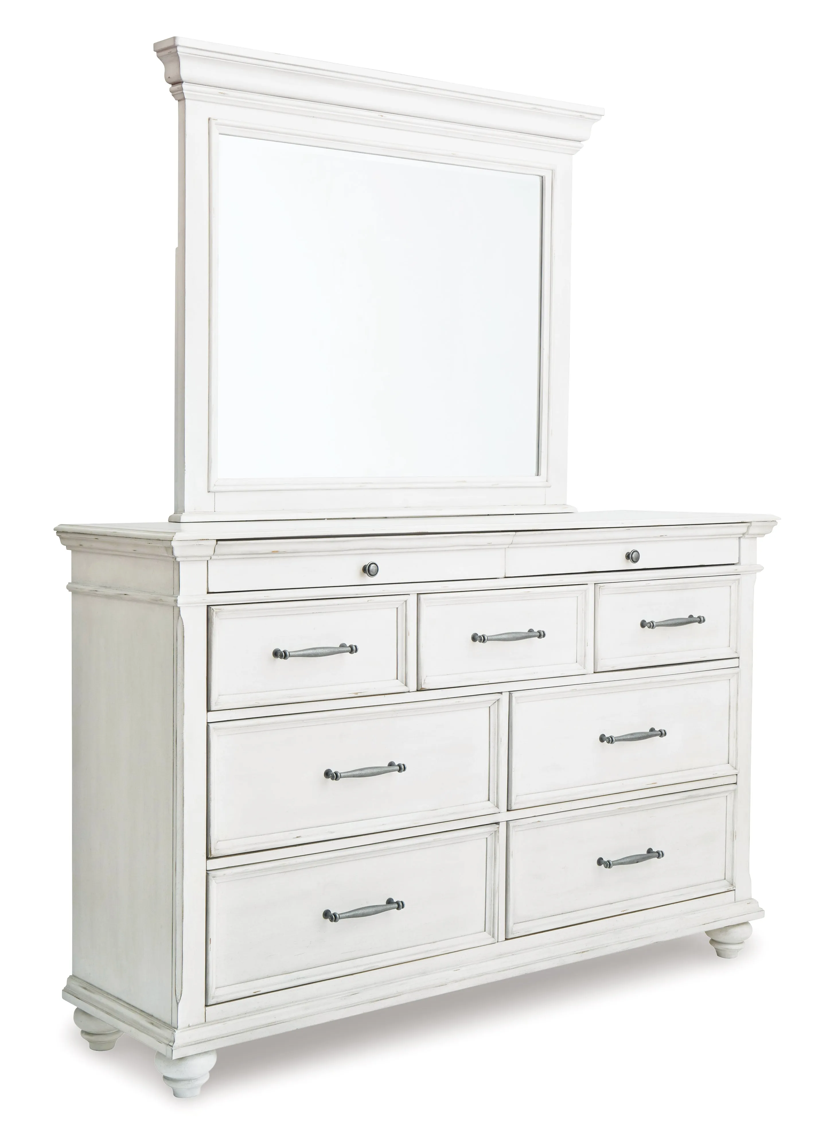 Kanwyn King Panel Bed with Storage with Mirrored Dresser and 2 Nightstands in Whitewash