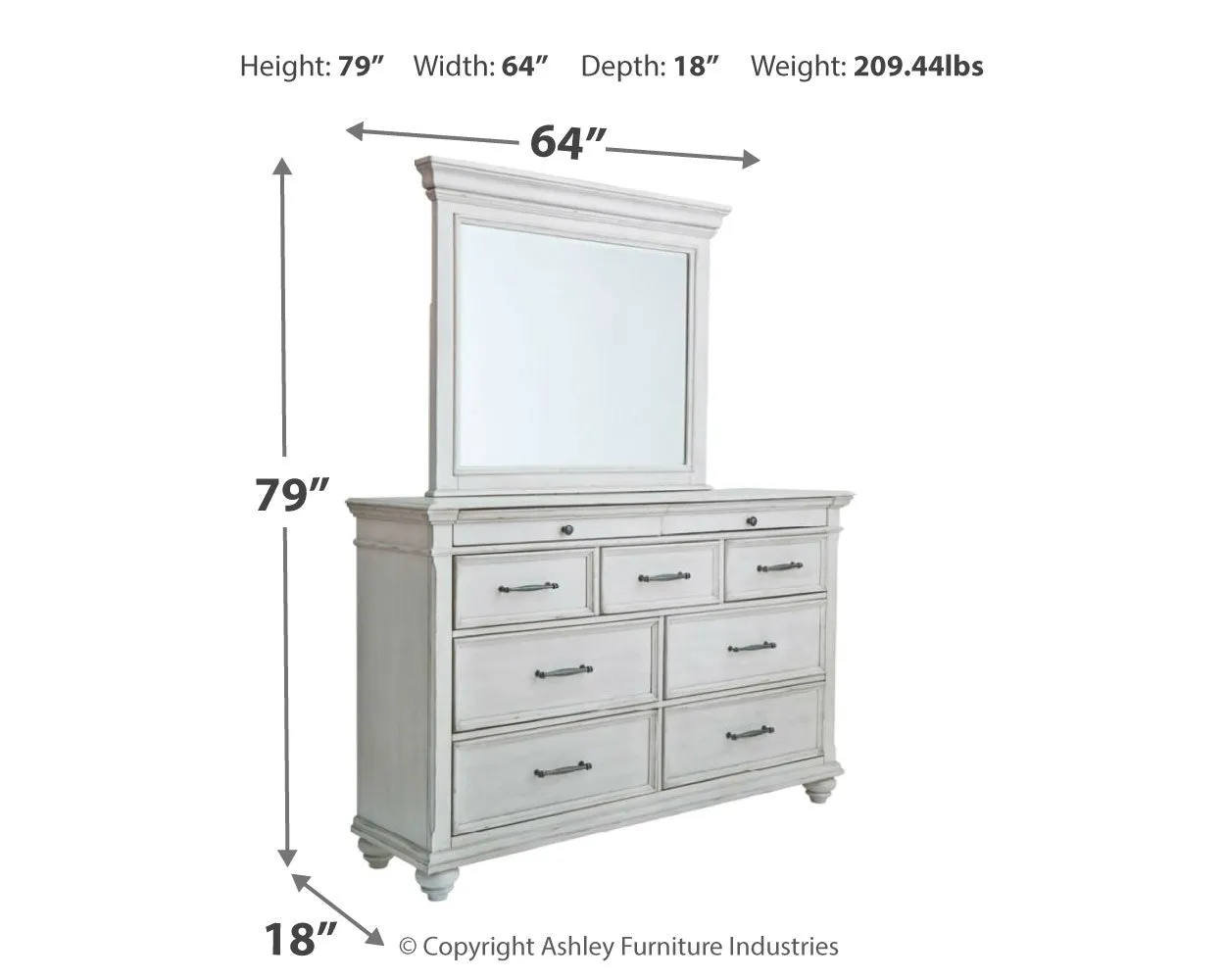 Kanwyn King Panel Bed with Storage with Mirrored Dresser and 2 Nightstands in Whitewash