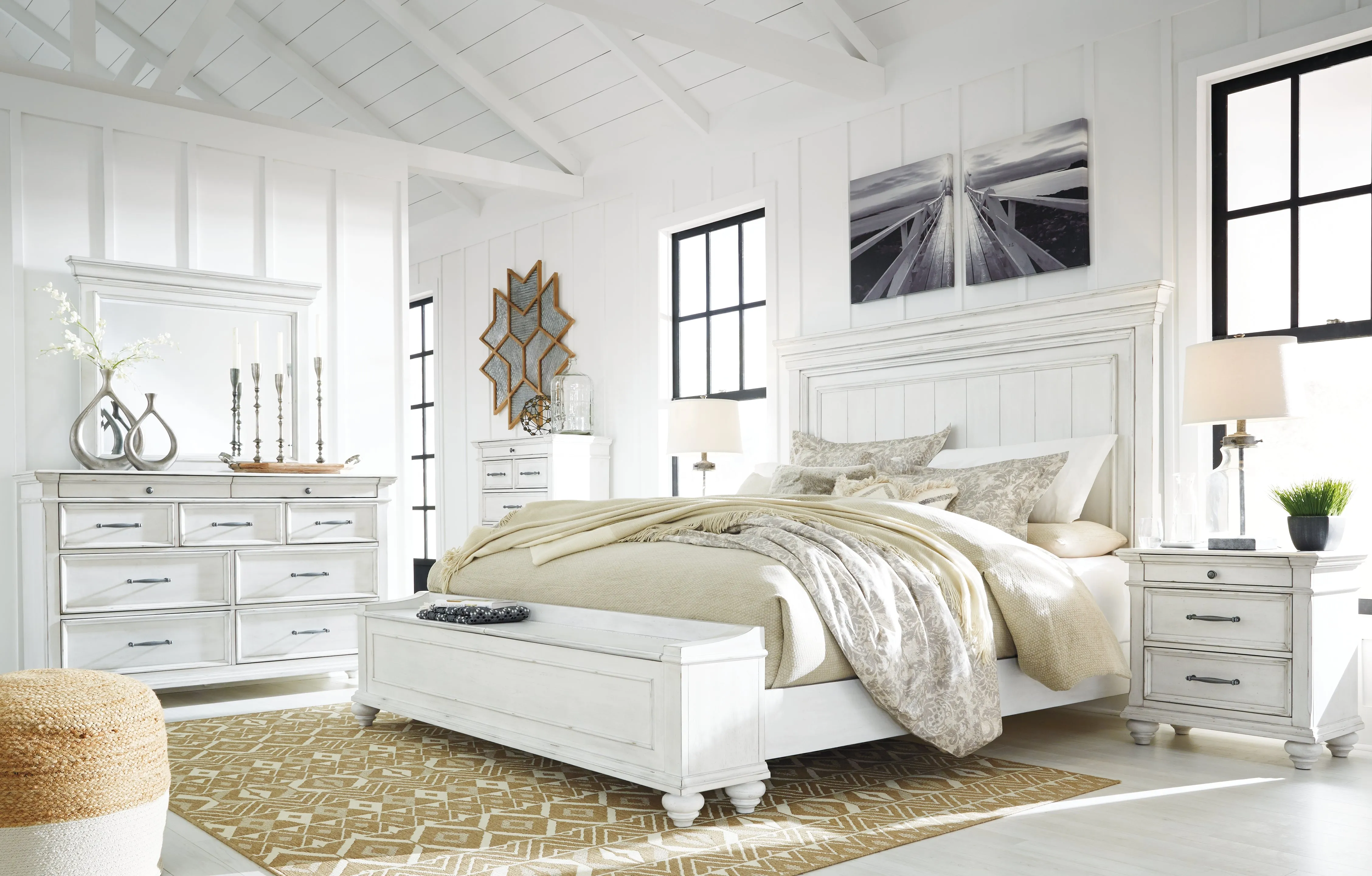 Kanwyn King Panel Bed with Storage with Mirrored Dresser and 2 Nightstands in Whitewash