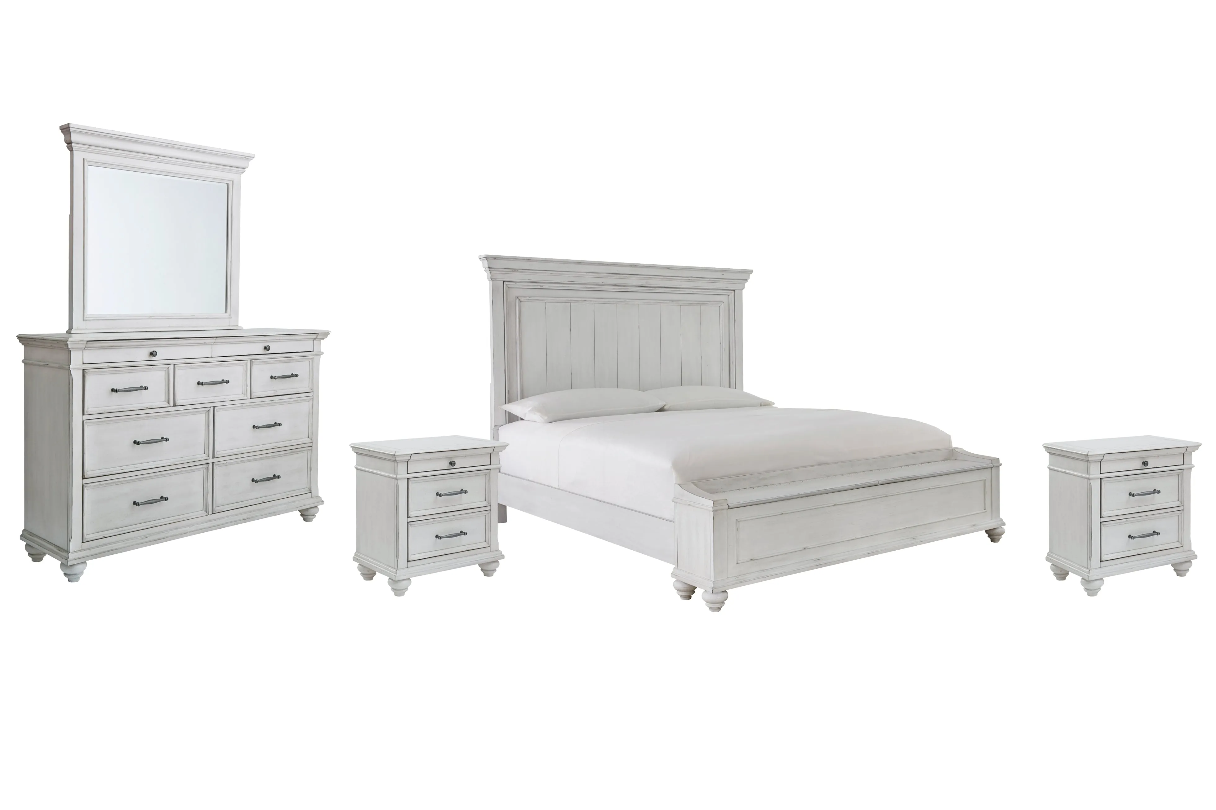 Kanwyn King Panel Bed with Storage with Mirrored Dresser and 2 Nightstands in Whitewash